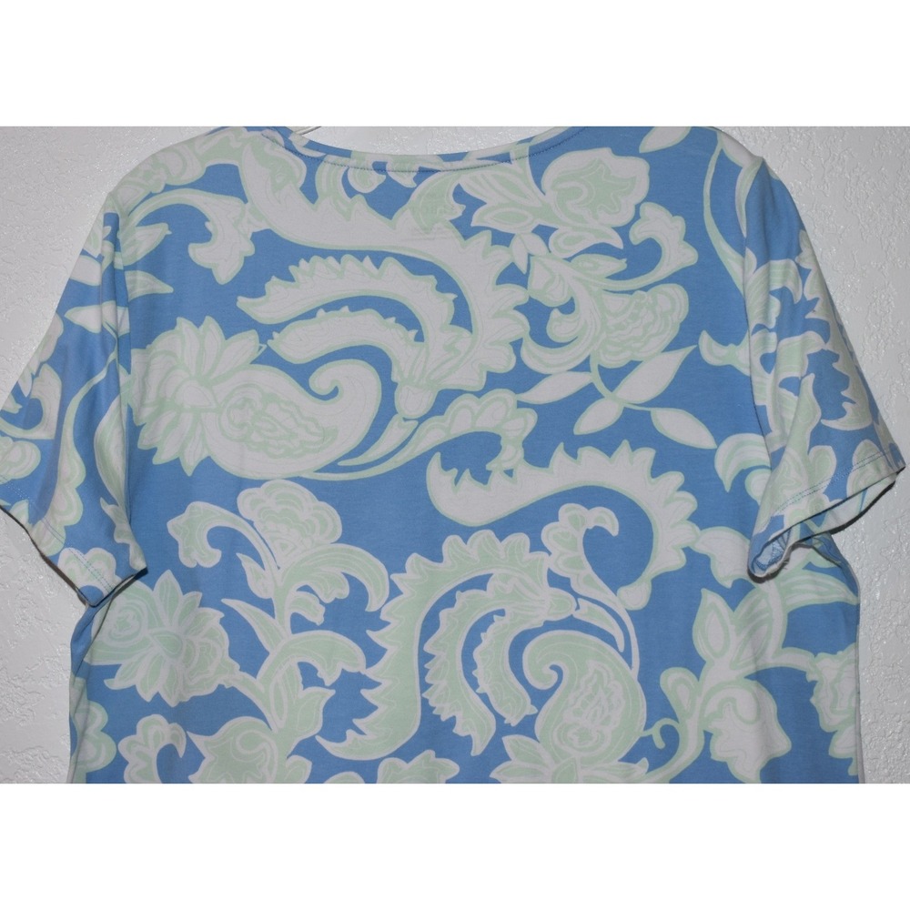 Talbots Tee XL Stretch Top Blue Mint Green Paisley Floral Short Slv Pullover - Picture 6 of 16